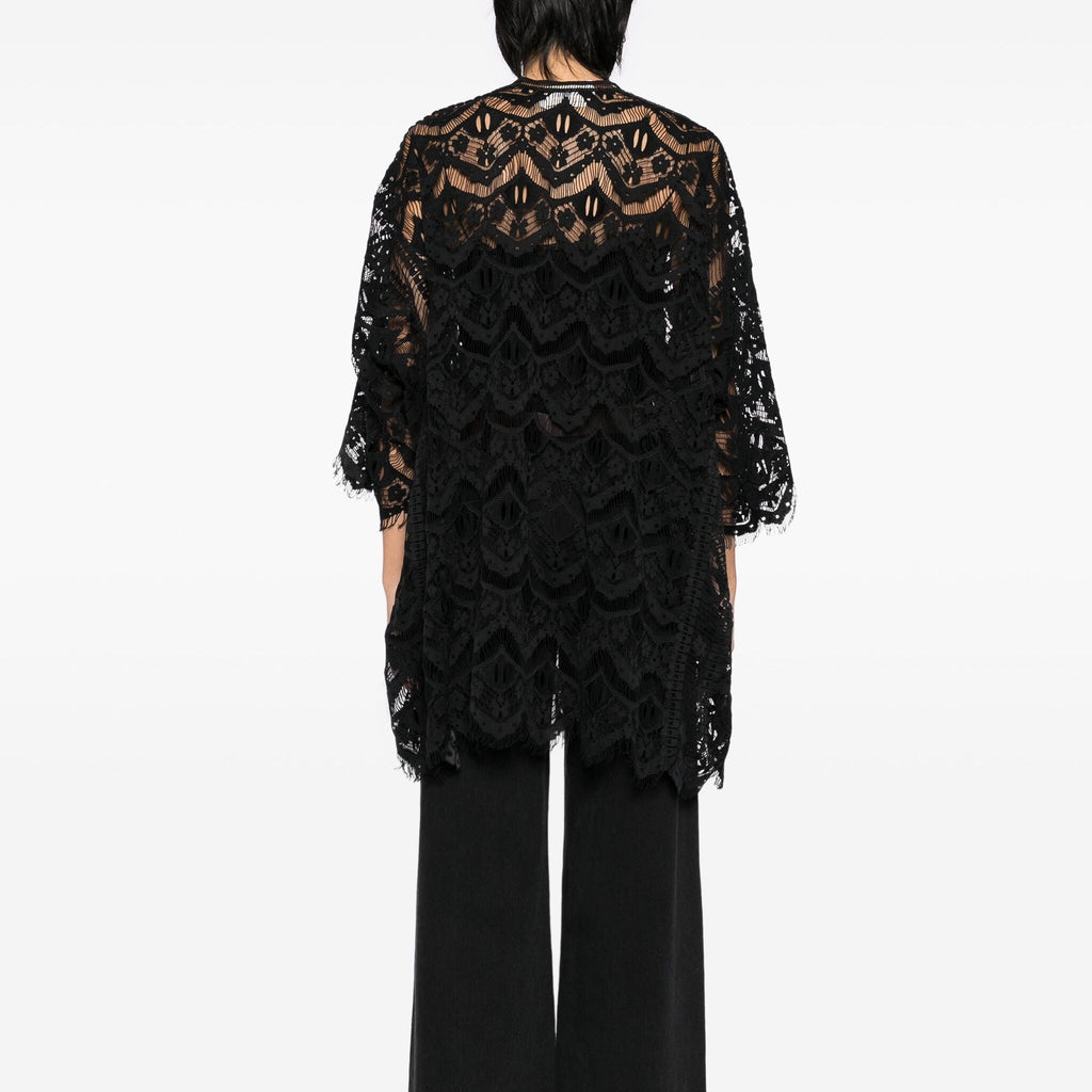 Chloé black lace kimono blazer with intricate lace details, flowing fabric, and elegant open-front design.