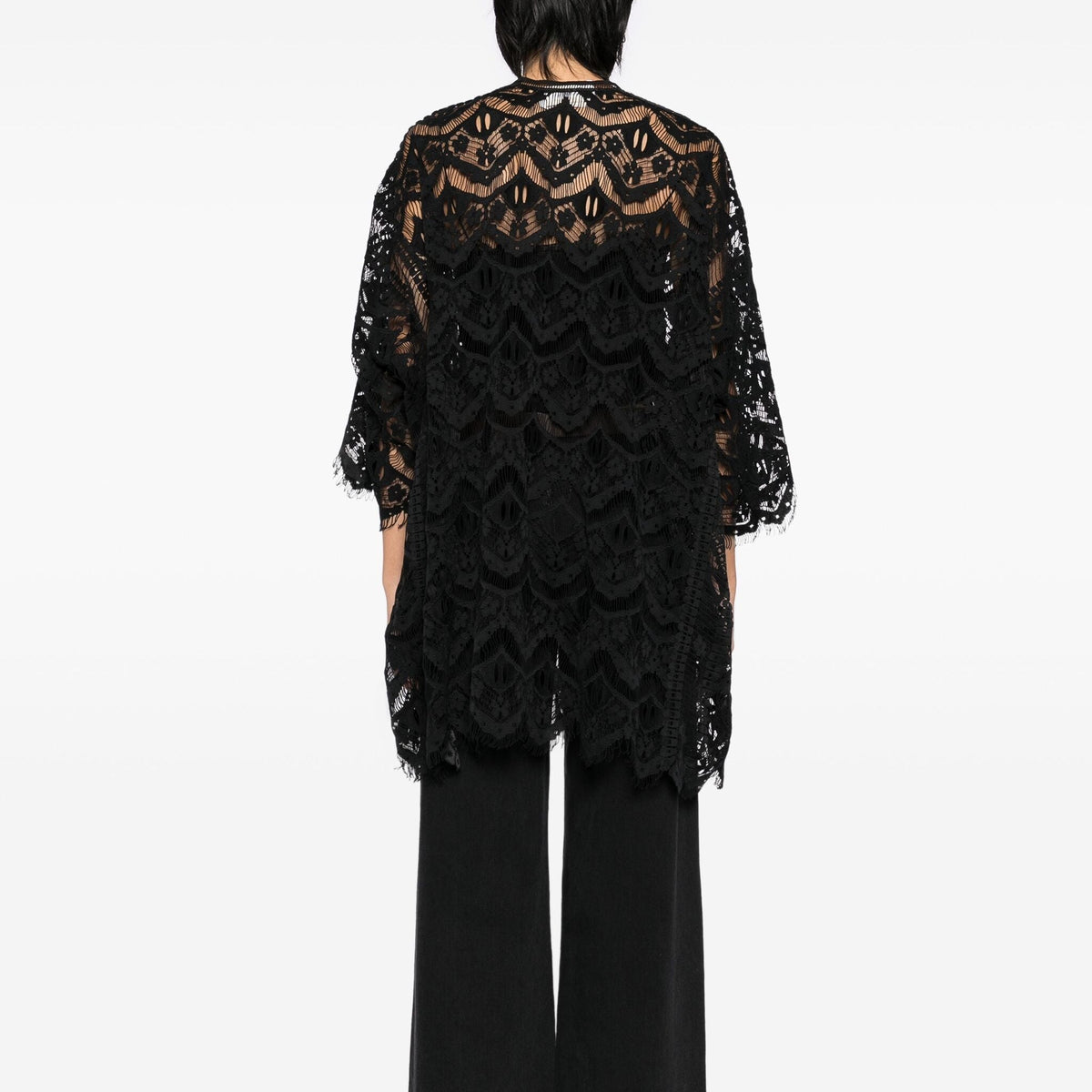 Chloé black lace kimono blazer with intricate lace details, flowing fabric, and elegant open-front design.