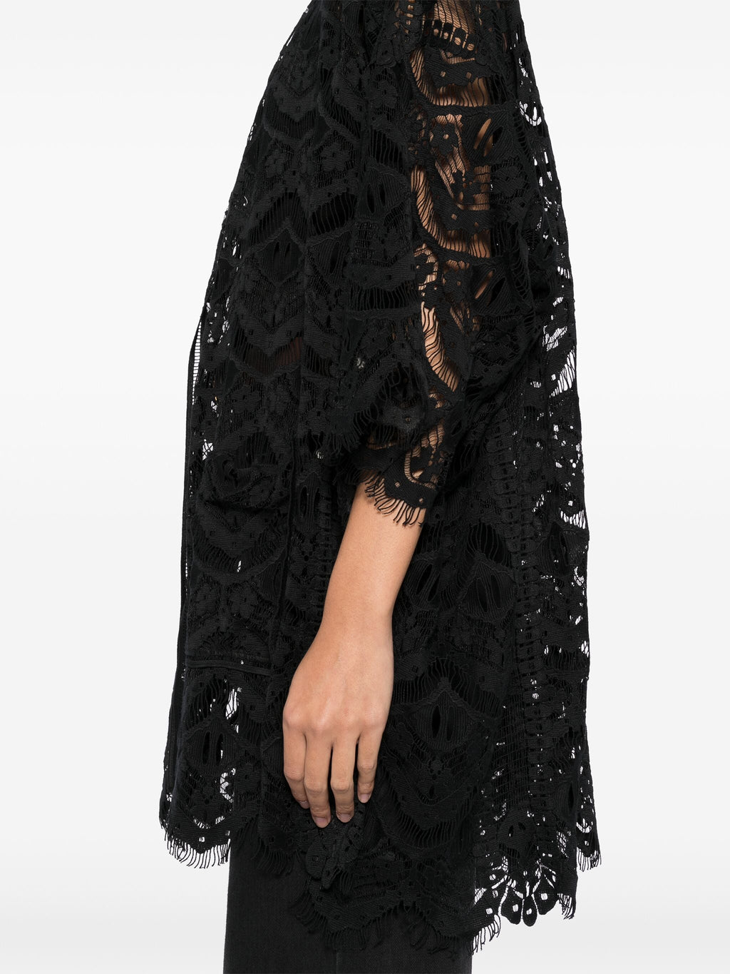 Chloé black lace kimono blazer with intricate lace details, lightweight fabric, and open-front design, stylish and elegant.