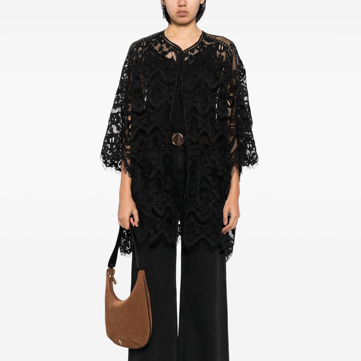 Chloé black lace kimono blazer with delicate lace details, open front, and flowing sleeves for elegant layering.