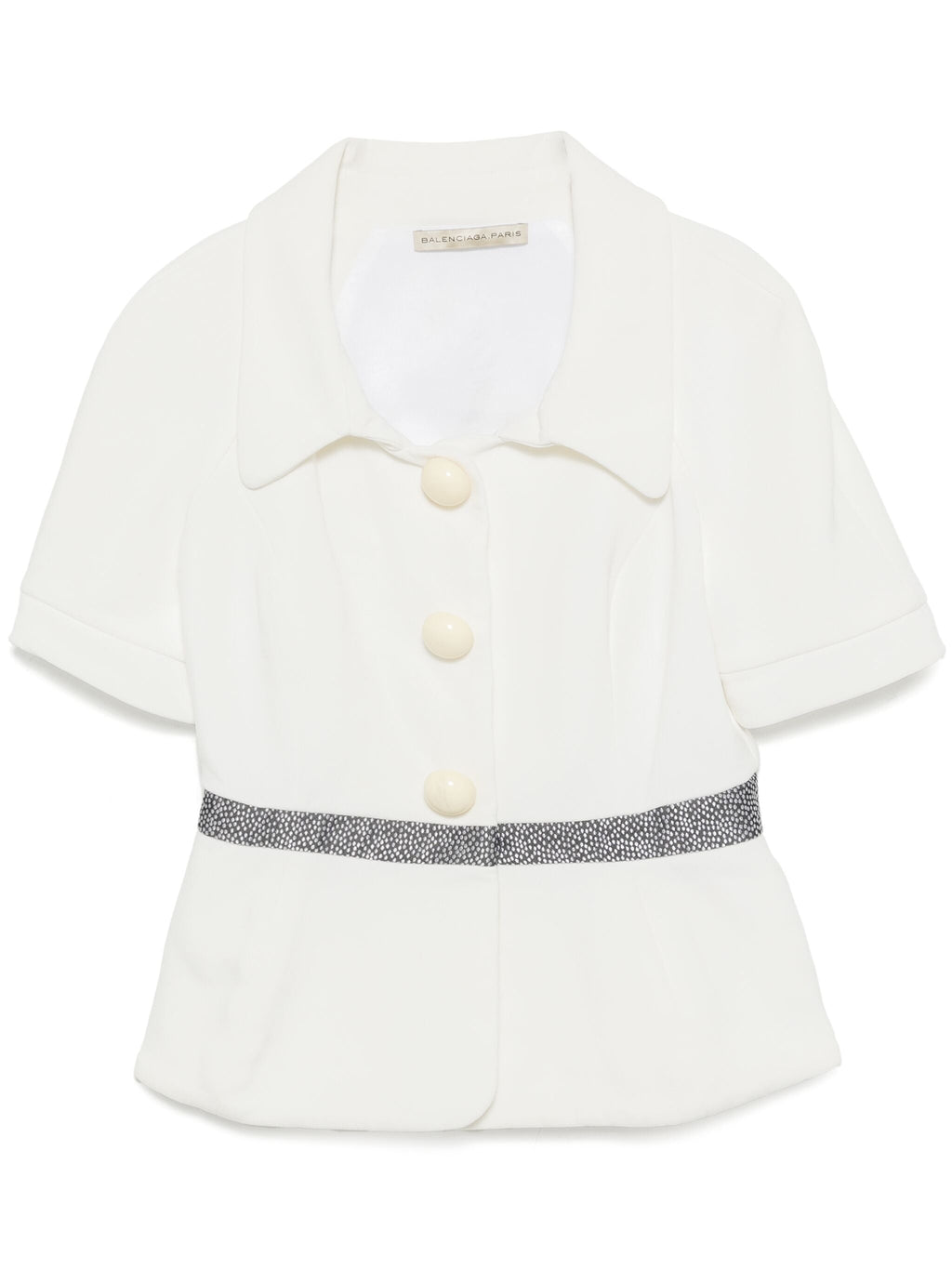 White Balenciaga blazer by Ghesquière, tailored blazer with structured fit, lapel collar, and sleek design, perfect for stylish outfits.