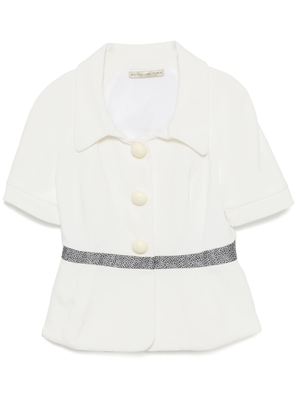 White Balenciaga blazer by Ghesquière, tailored blazer with structured fit, lapel collar, and sleek design, perfect for stylish outfits.