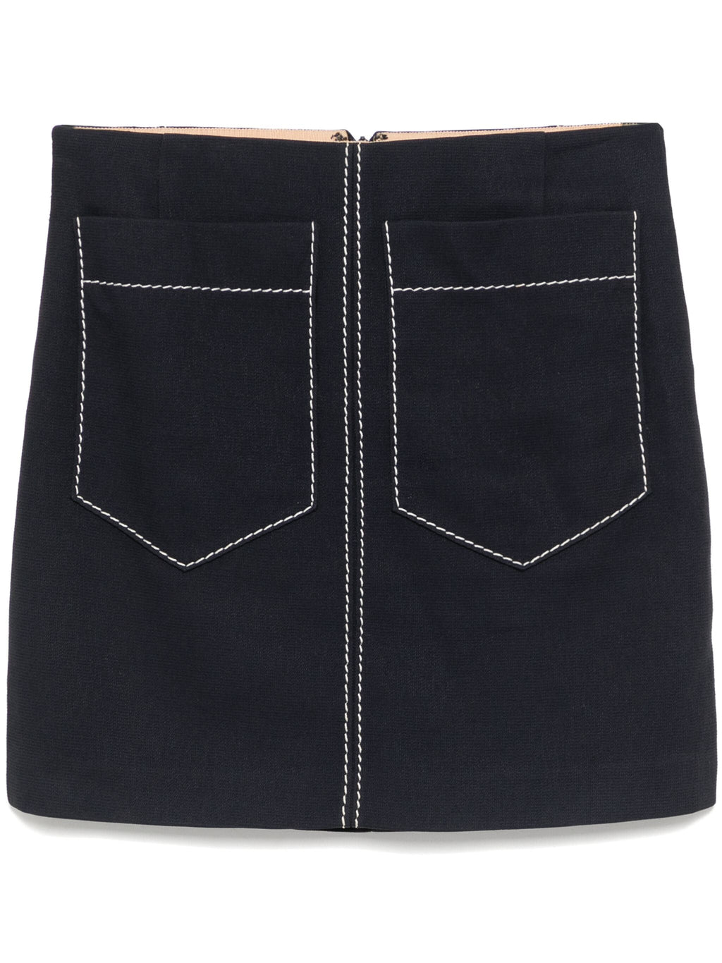 Chloé SS16 navy mini skirt with high waist and pleated design, made of lightweight fabric, styled on a model.