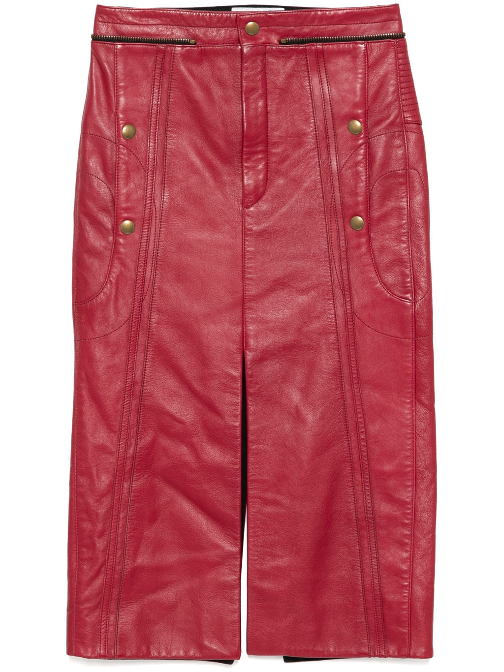 Chloé red leather pencil skirt, high-waisted with sleek fit, showcasing elegant design and smooth leather texture.