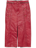 Chloé red leather pencil skirt, high-waisted with sleek fit, showcasing elegant design and smooth leather texture.