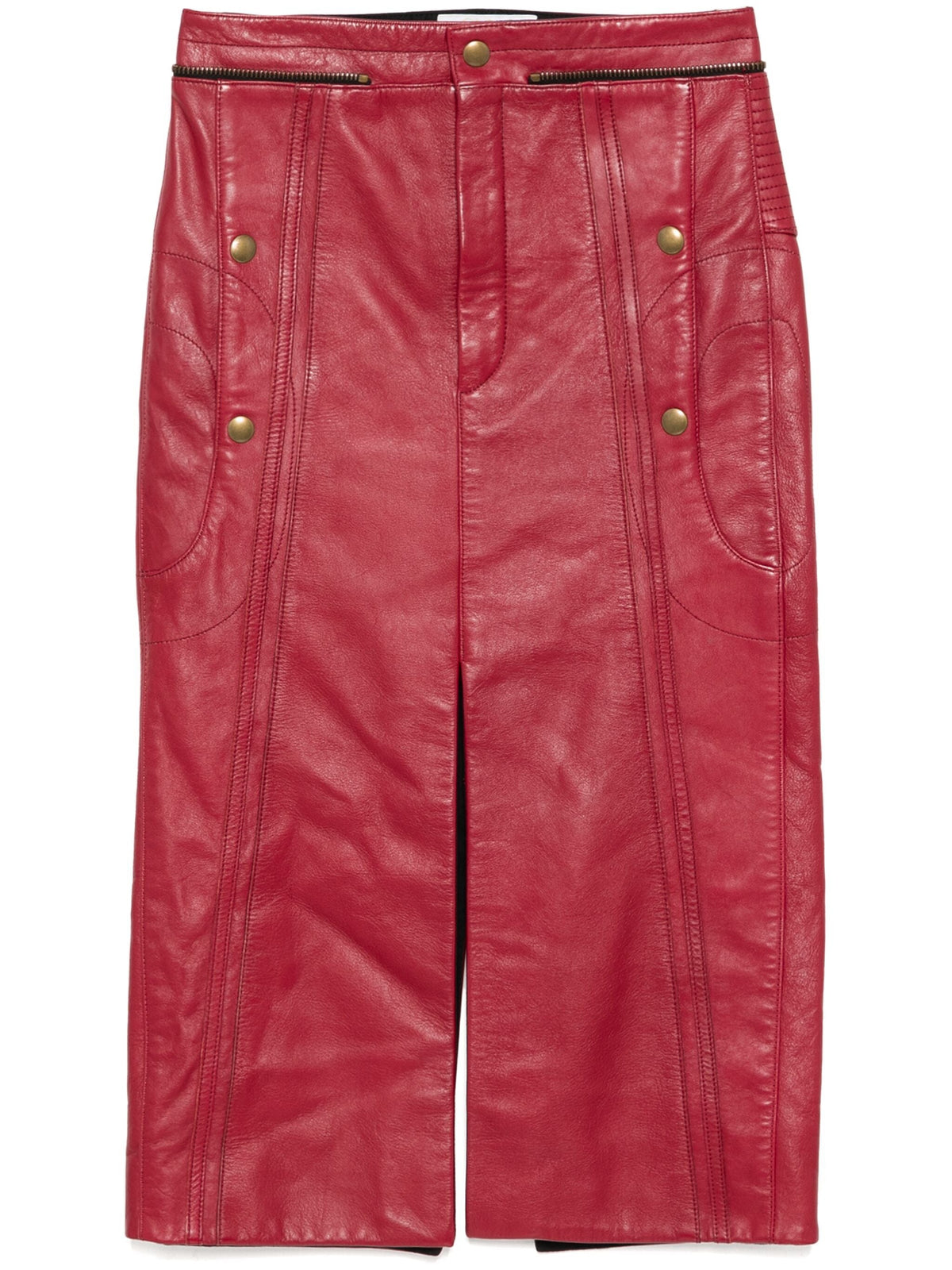 Chloé red leather pencil skirt, high-waisted with sleek fit, showcasing elegant design and smooth leather texture.