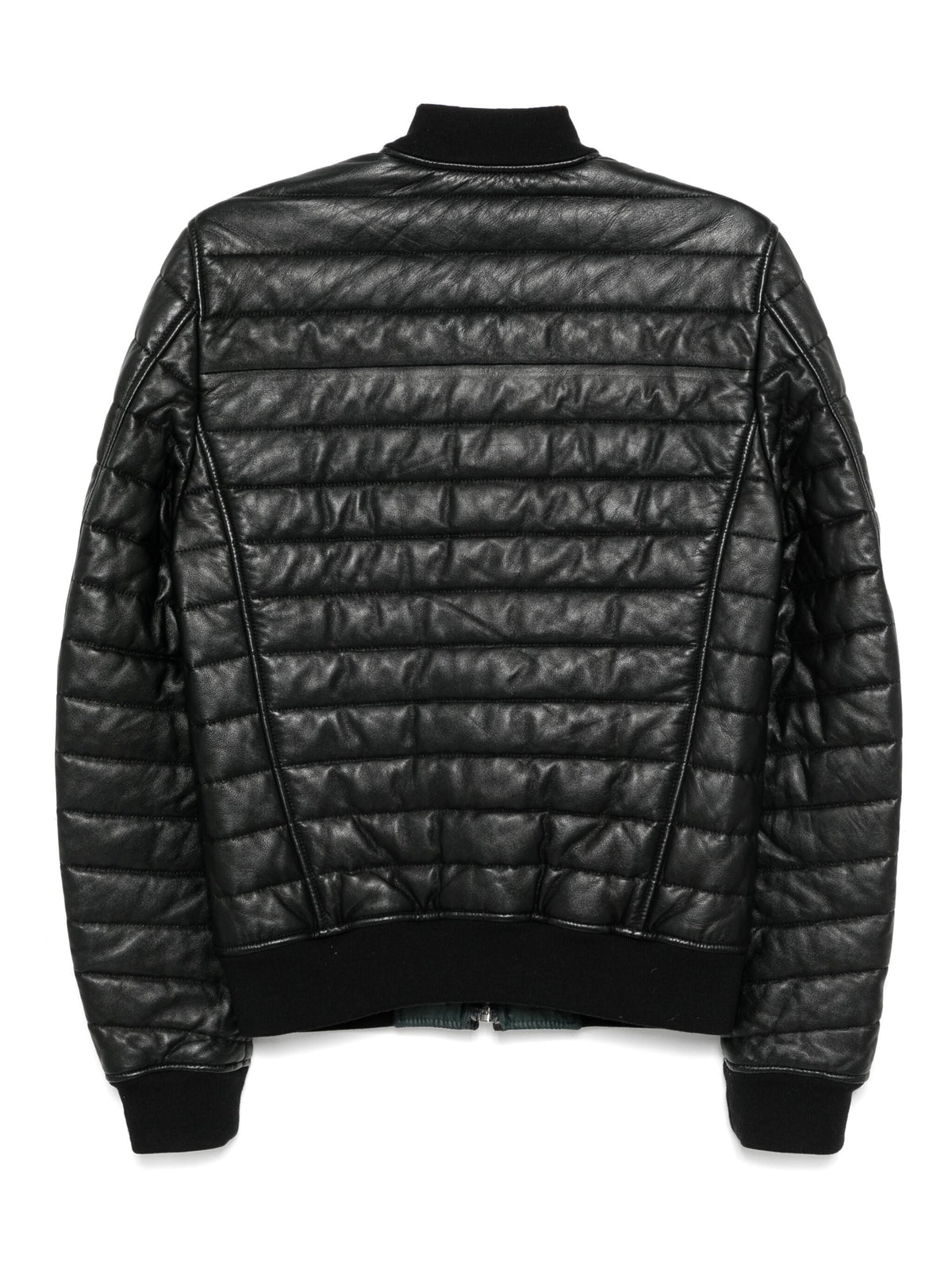 Dolce & Gabbana leather bomber jacket with sleek design, ribbed collar and cuffs, shown on a model.