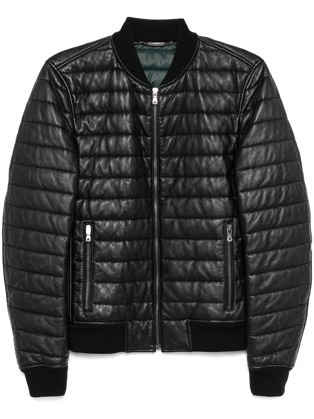 Dolce & Gabbana leather bomber jacket with a sleek design, showcasing its smooth black leather and classic fit.