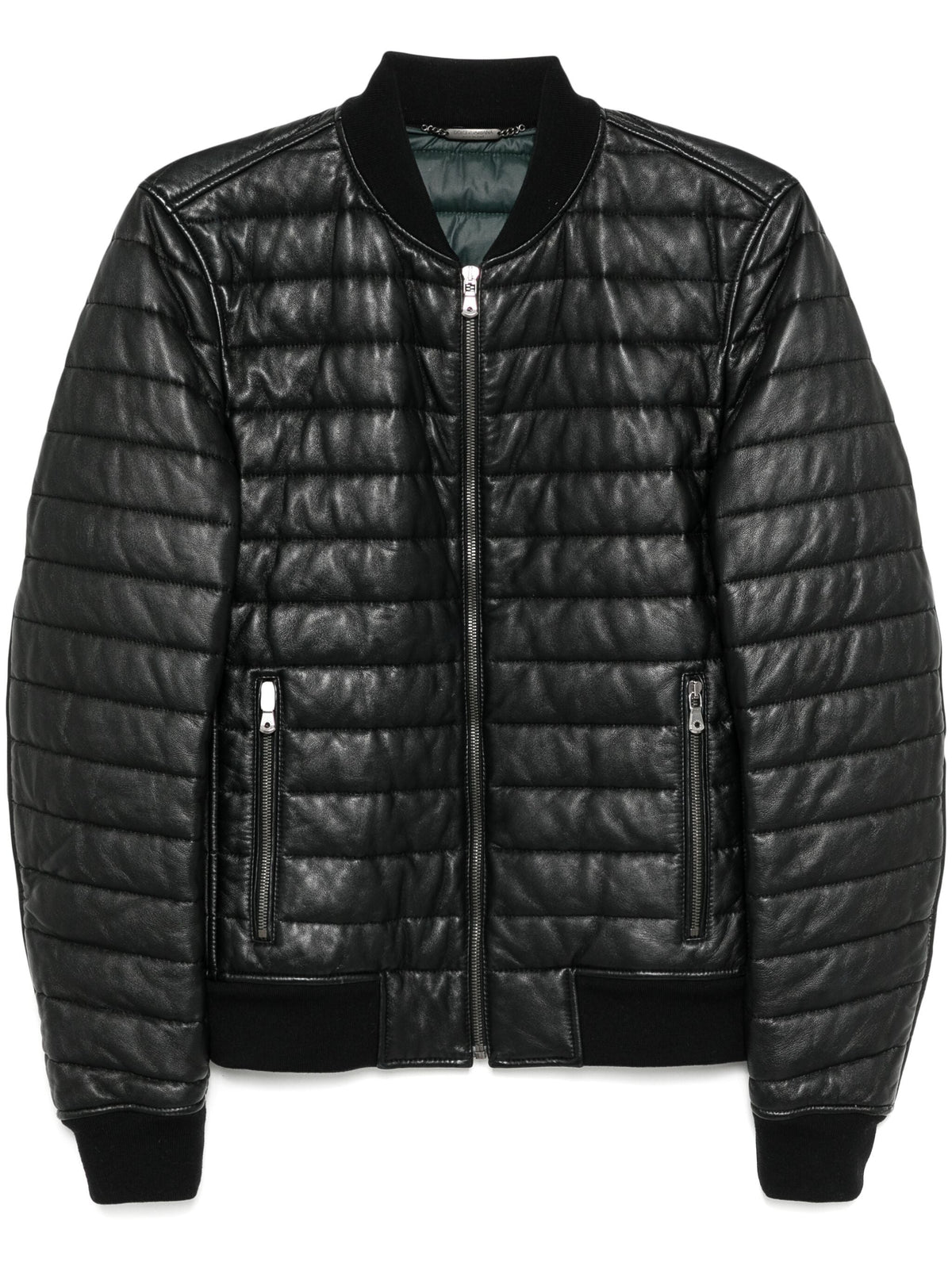 Dolce & Gabbana leather bomber jacket with a sleek design, showcasing its smooth black leather and classic fit.