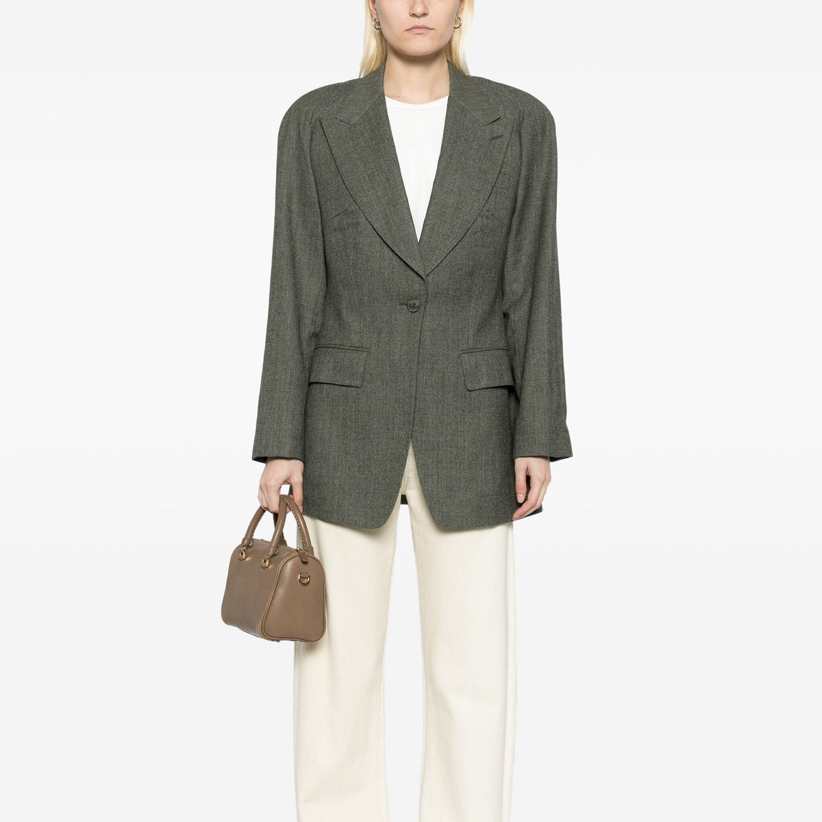 Chloé green blazer, tailored jacket with lapel collar and button closure, stylish outerwear for women.