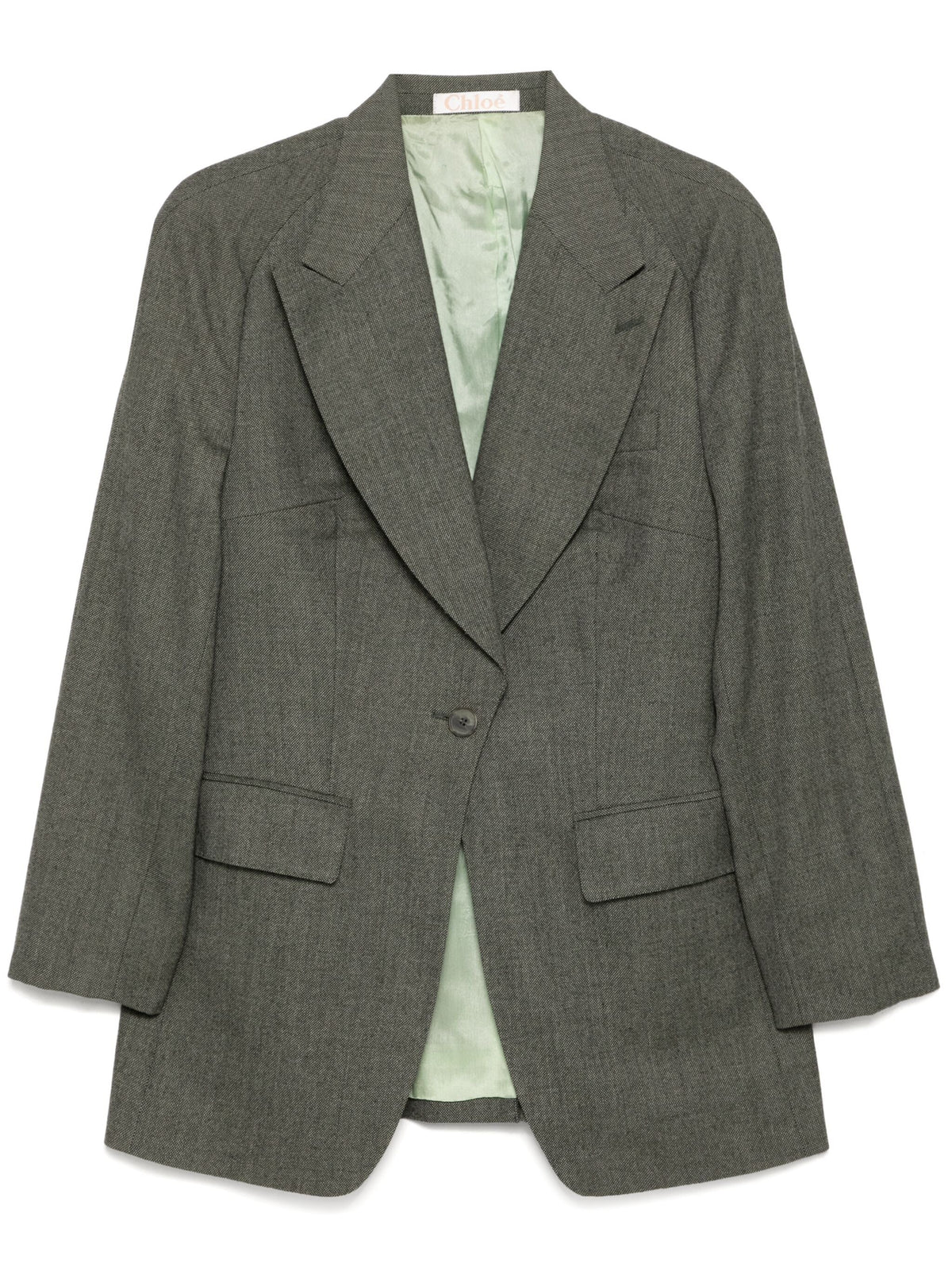 Chloé green blazer with tailored fit, lapel collar, and long sleeves, displayed on a hanger against a neutral background.