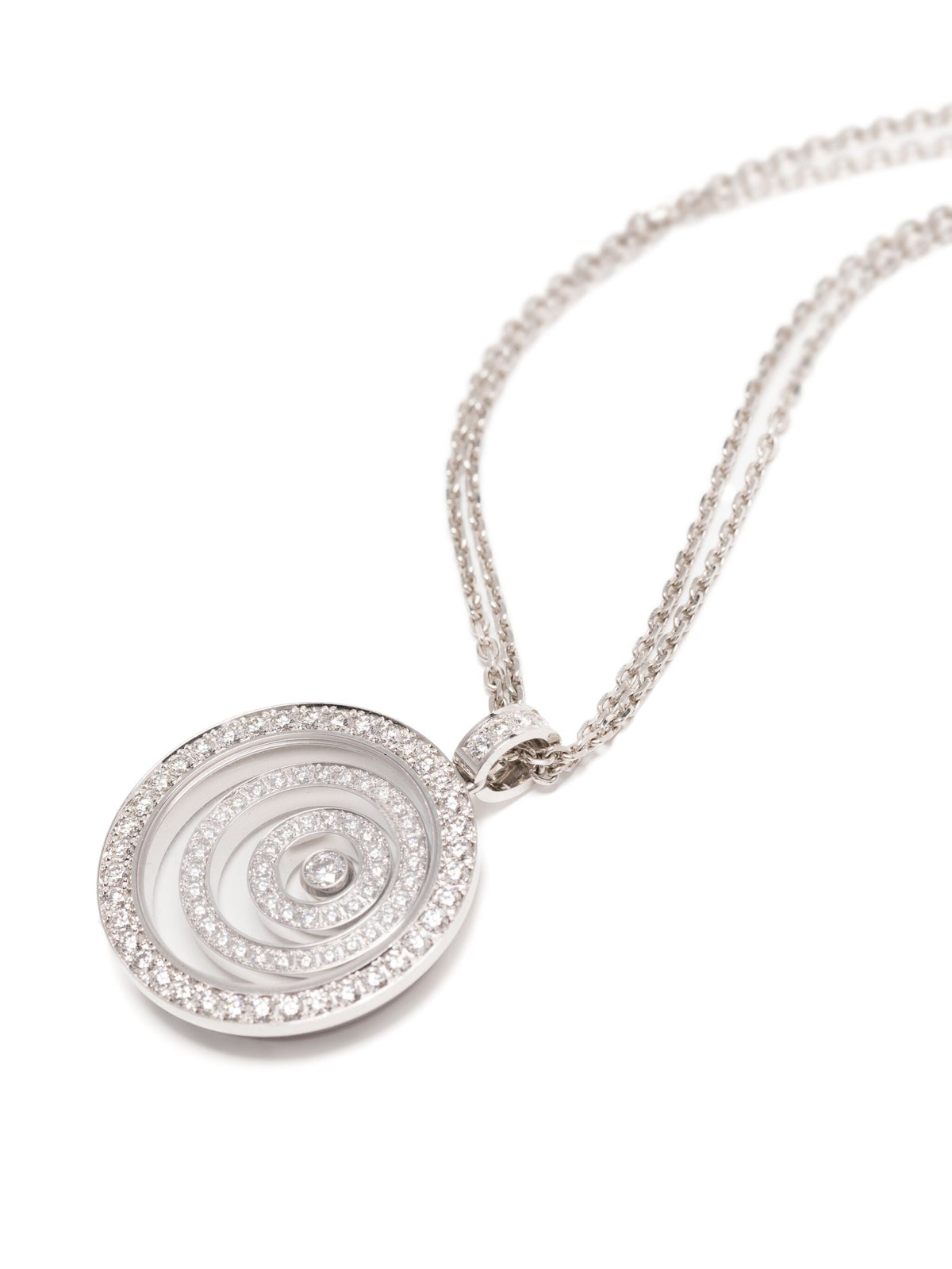 White diamond Happy Spirit necklace by Chopard, featuring a delicate fine jewelry pendant with sparkling diamonds on a fine chain.