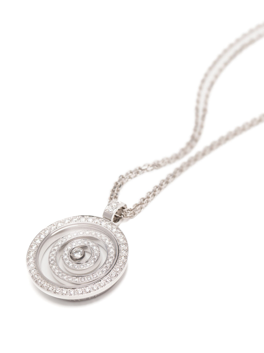 White diamond Happy Spirit necklace by Chopard featuring a delicate fine jewelry design with sparkling diamonds on a chain.