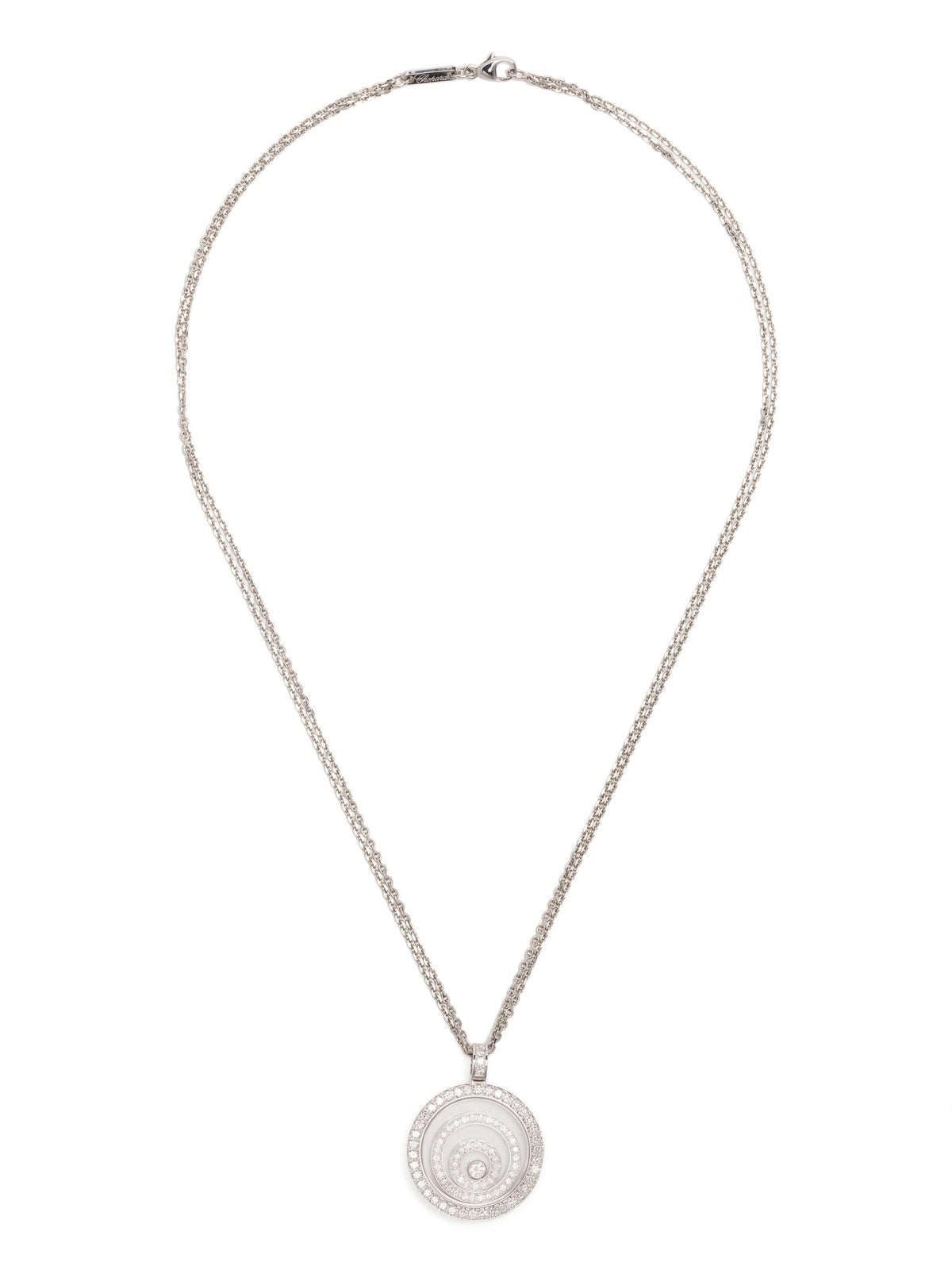 White diamond Happy Spirit Necklace by Chopard, fine jewelry with sparkling diamonds and elegant chain.