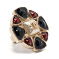 Chanel Gripoix CC Flower Ring featuring colorful glass flower design and silver band, elegant jewelry accessory.