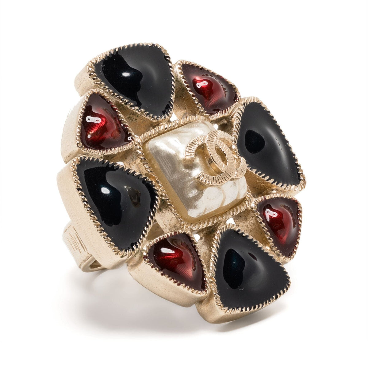 Chanel Gripoix CC Flower Ring featuring colorful glass flower design and silver band, elegant jewelry accessory.