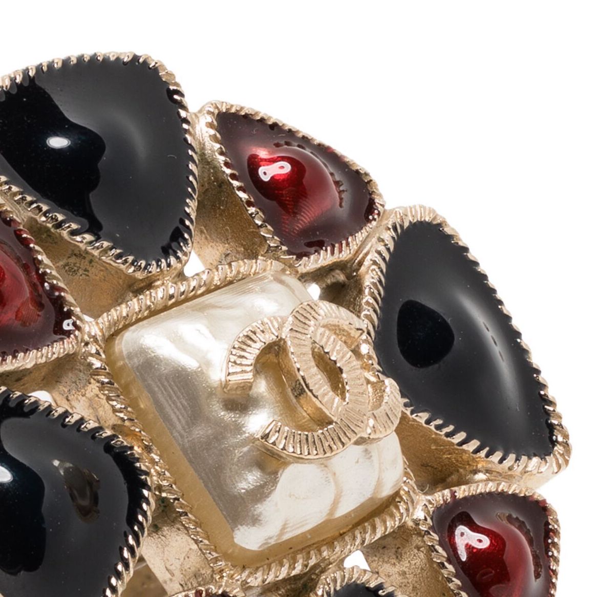 Chanel Gripoix CC Flower ring featuring colorful glass flower design and the iconic CC logo on a gold-tone band.