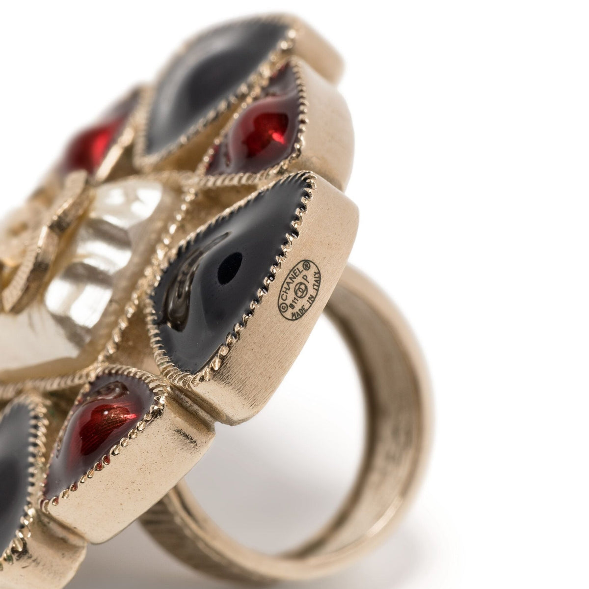 Chanel Gripoix CC Flower Ring featuring colorful glass flower design on a gold-tone band, stylish jewelry accessory.