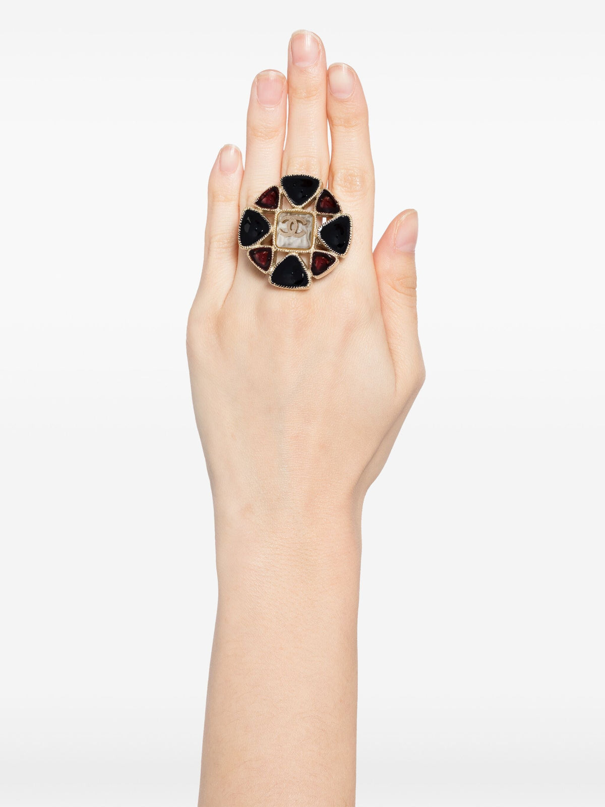 Chanel Gripoix CC Flower ring featuring colorful glass flower design and signature logo detail on a silver band.