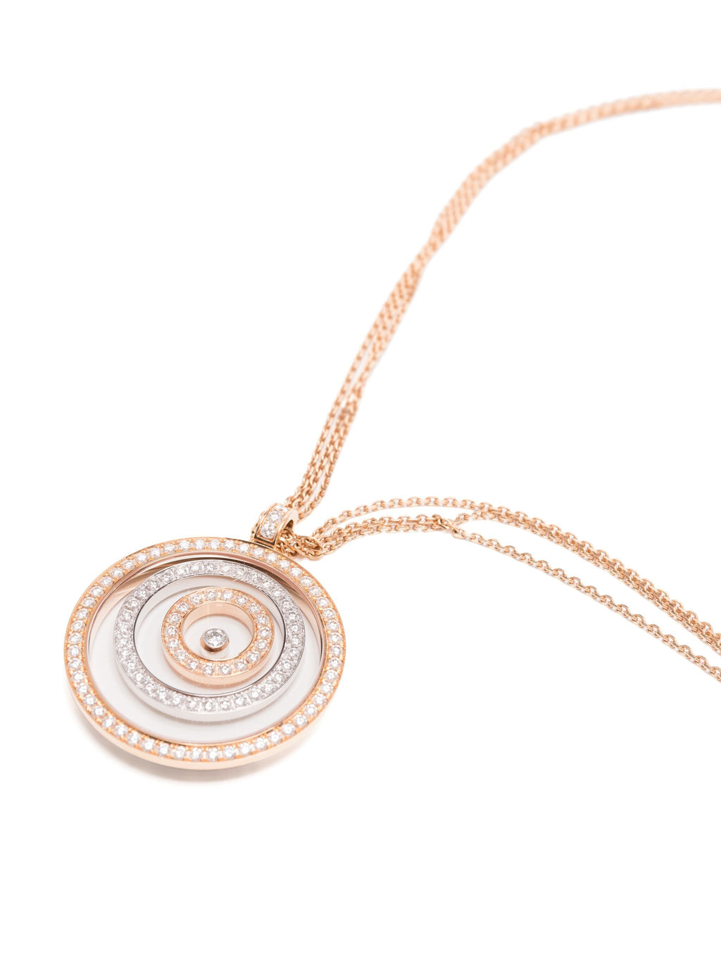 Rose gold Happy Spirit necklace by Chopard, fine jewelry with a delicate pendant, shown on a white background.
