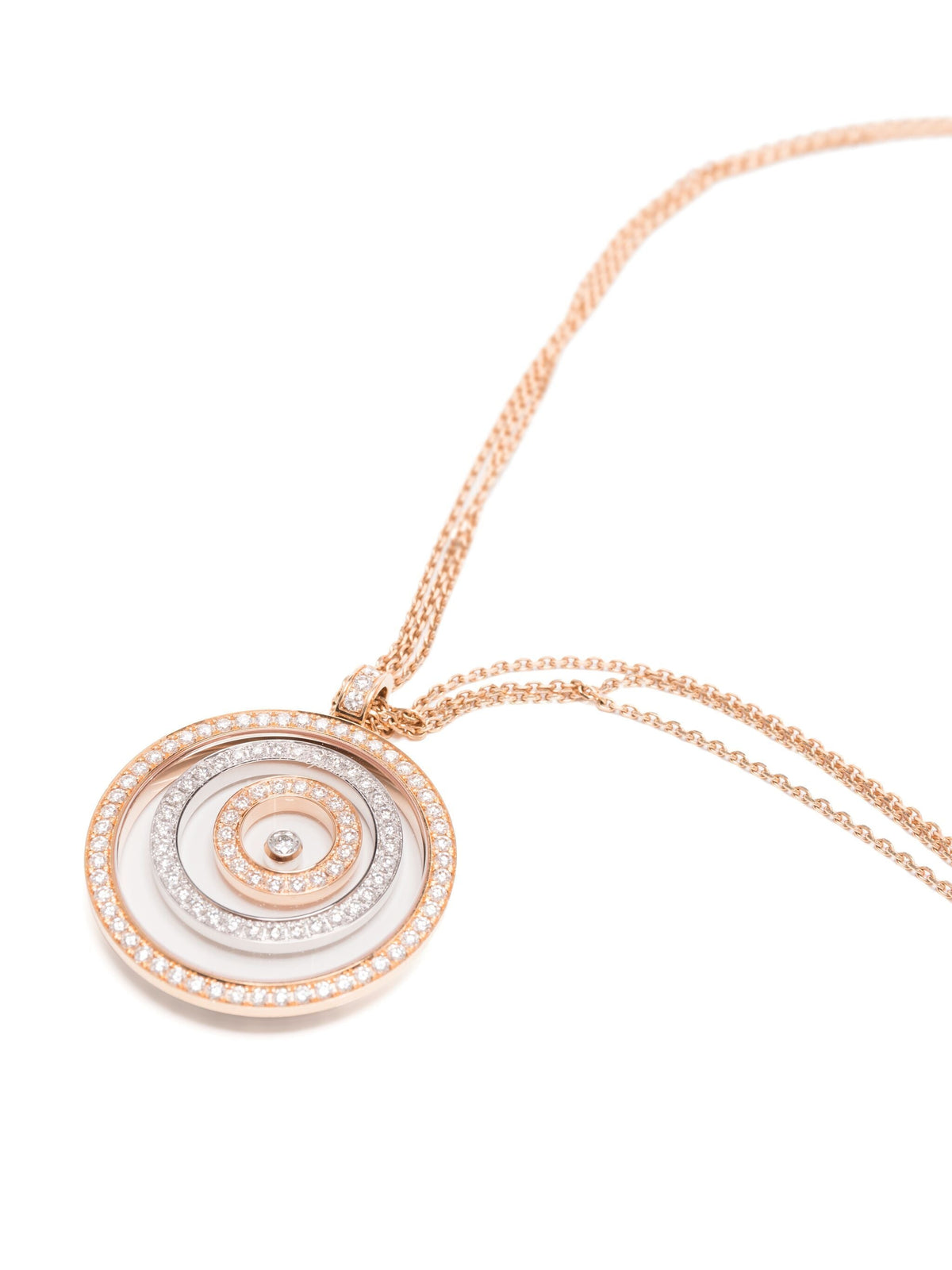 Rose gold Happy Spirit necklace by Chopard, fine jewelry with a delicate pendant, shown on a white background.
