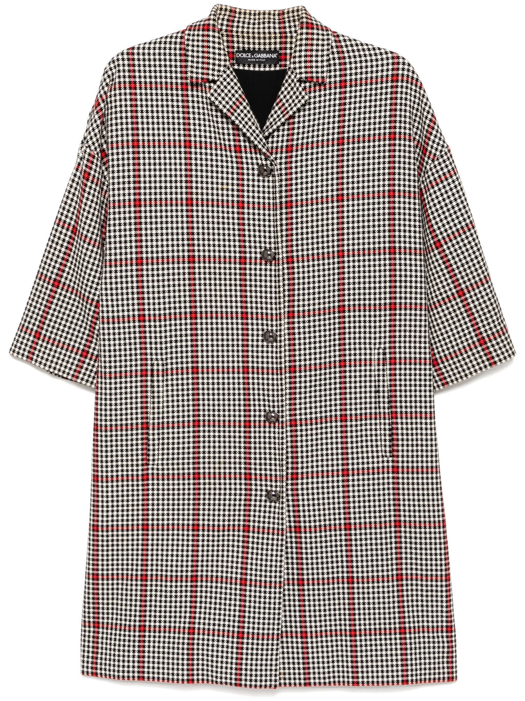 Dolce & Gabbana herringbone 3/4 sleeve coat displayed on a hanger, showcasing classic pattern and tailored design.