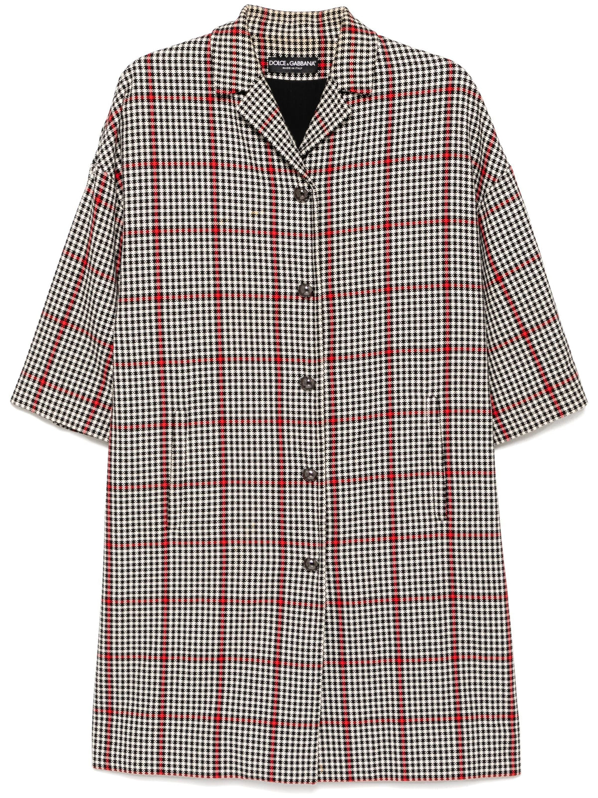 Dolce & Gabbana herringbone 3/4 sleeve coat displayed on a hanger, showcasing classic pattern and tailored design.