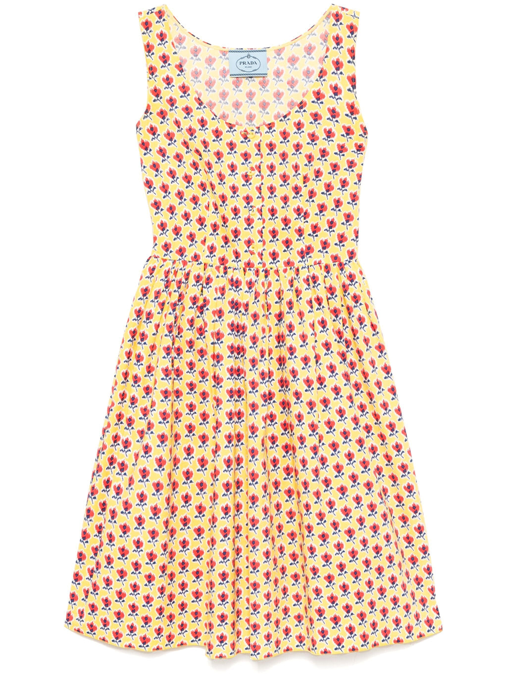 Yellow floral Prada dress with a flowing design, featuring vibrant floral patterns and elegant fabric details.