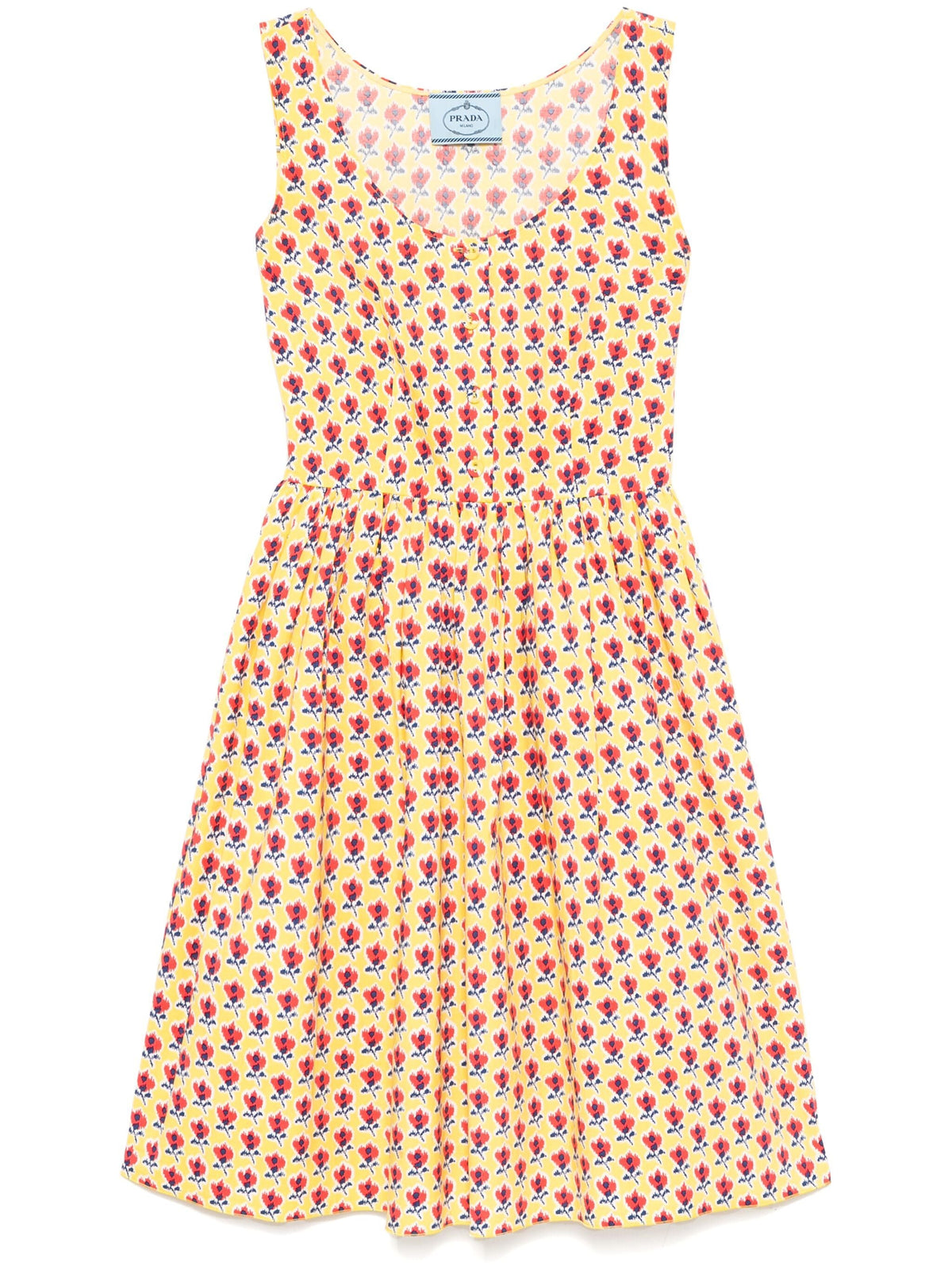 Yellow floral Prada dress with a flowing design, featuring vibrant floral patterns and elegant fabric details.