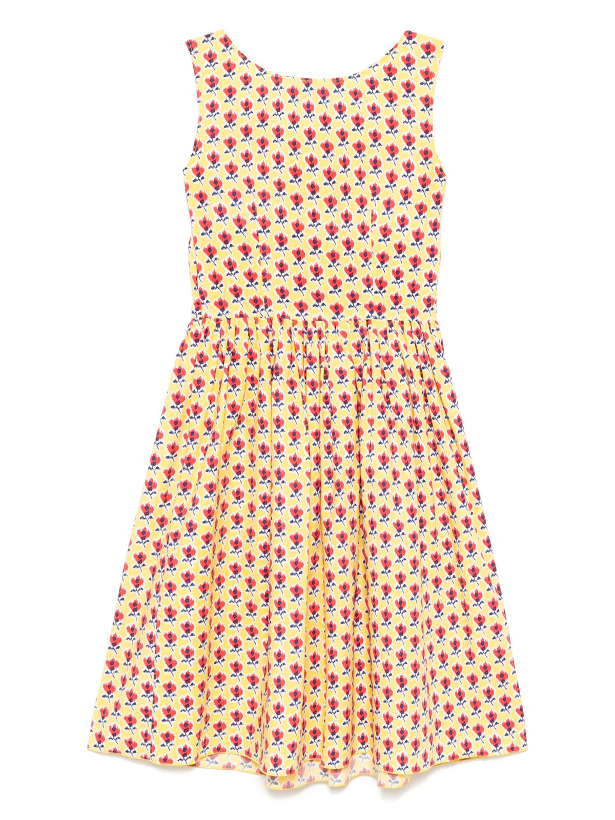 Yellow floral Prada dress with a fitted bodice and flowing skirt, perfect for summer occasions.