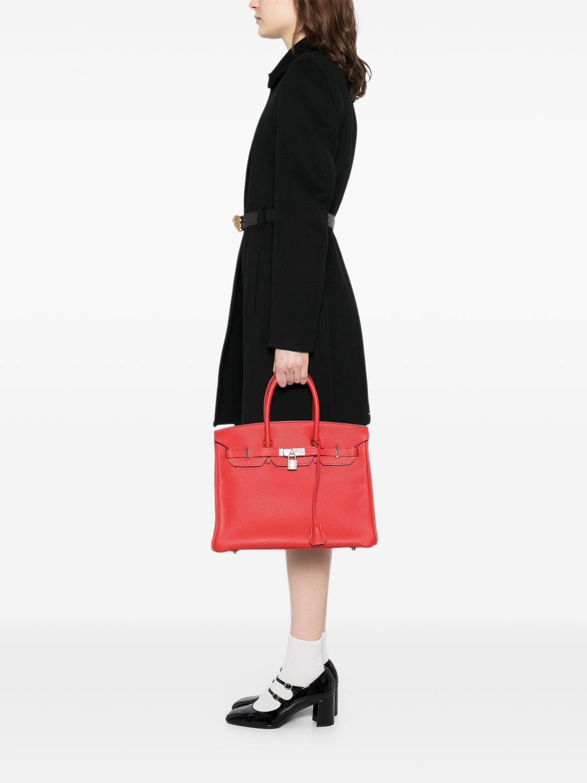 Hermès Birkin 35 Rouge Casaque Clemence Top Handle Bag with gold hardware, showcasing its luxurious leather texture and elegant design.