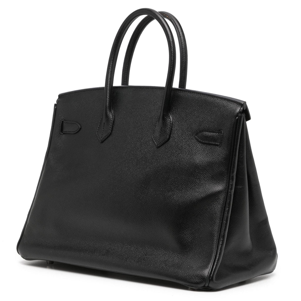 Hermès Birkin 35 Black Epsom leather top handle bag with PHW hardware, showcasing its elegant design and luxurious craftsmanship.