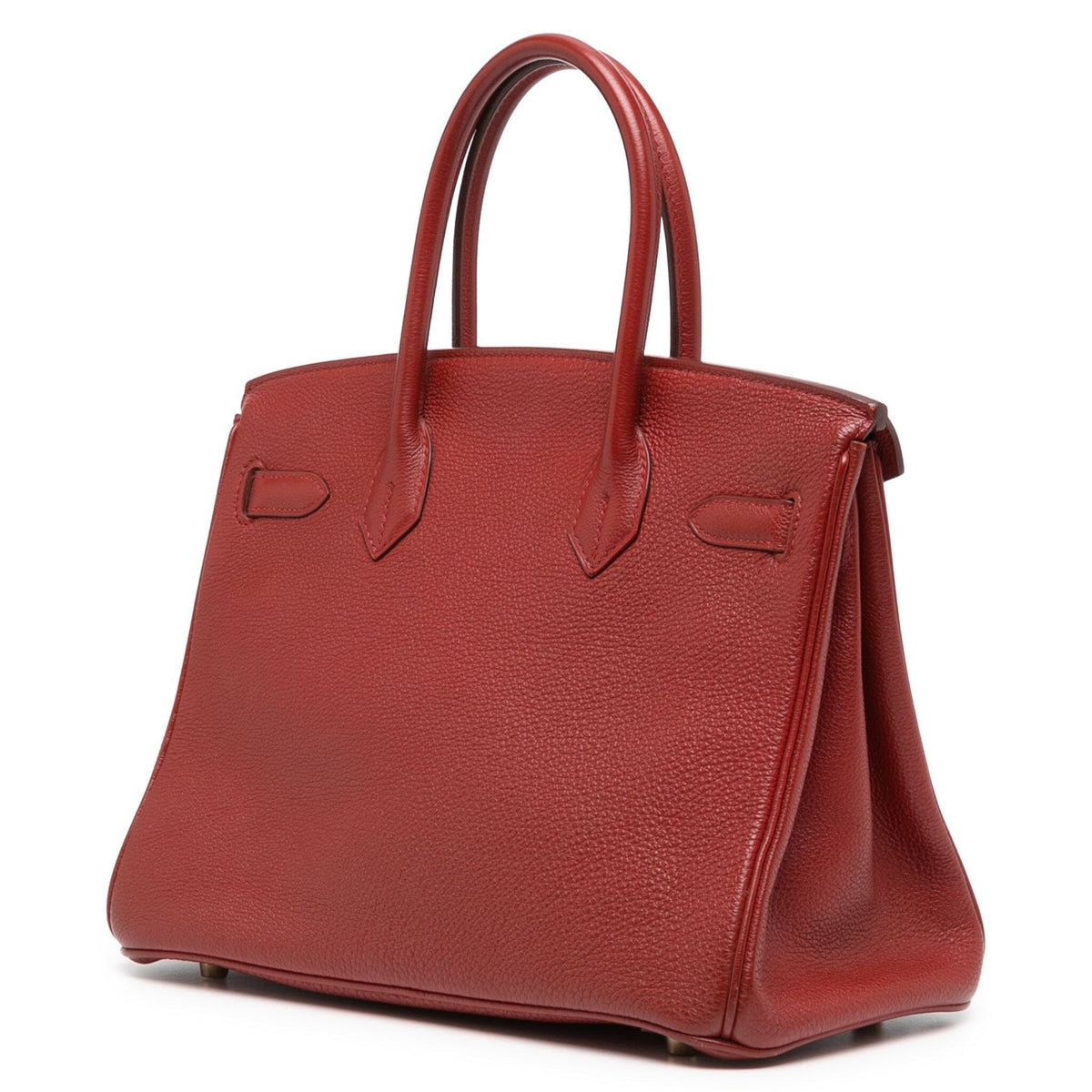 Hermès Birkin 30 Brique Togo GHW top handle bag with gold hardware, shown in a close-up view highlighting its textured leather and elegant design.