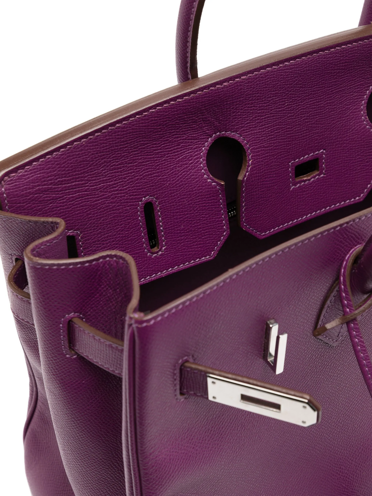 Hermès Birkin 35 Anemone Epsom PHW top handle bag with gold hardware, showcasing its structured design and vibrant color.