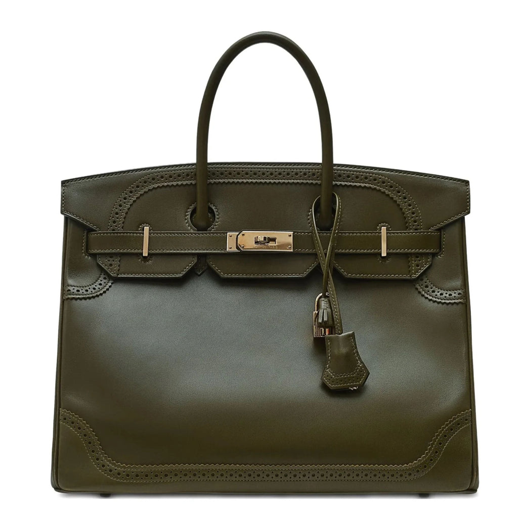 Hermès Birkin 35 Ghillies Tadelakt Vert Veronese top handle bag with smooth leather and elegant design.