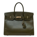 Hermès Birkin 35 Ghillies Tadelakt Vert Veronese top handle bag with smooth leather and elegant design.