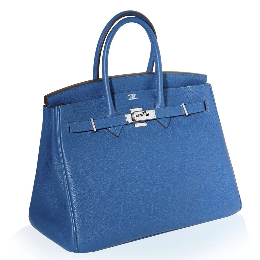 Hermès Birkin 35 Blue Mykonos Epsom top handle bag with gold hardware, showcasing its structured design and luxurious leather finish.
