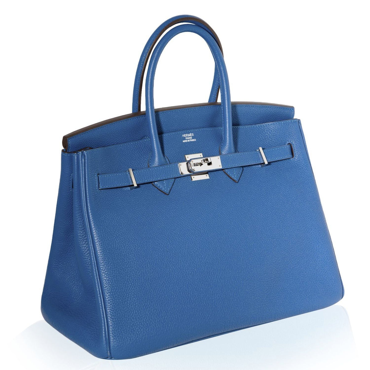 Hermès Birkin 35 Blue Mykonos Epsom top handle bag with gold hardware, showcasing its structured design and luxurious leather finish.