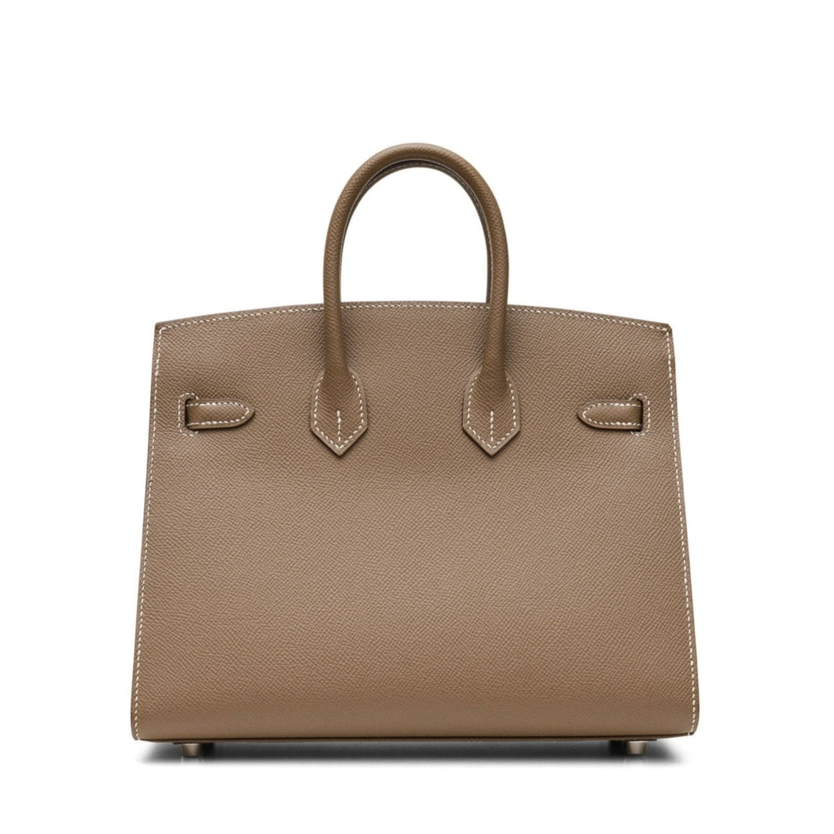 Hermès Birkin 25 Sellier Top Handle Bag in Epsom leather with palladium hardware, showcasing its elegant taupe color and structured design.