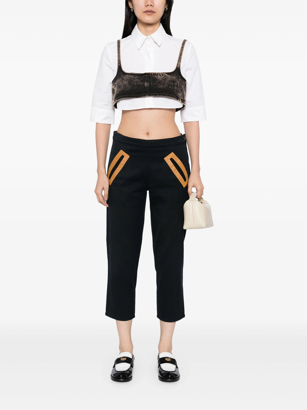 Miu Miu Archive School Suit Cropped Trousers showing tailored fit, high waist, and classic design in a neutral fabric.