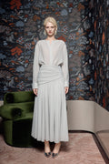 Grey-Green Draped Waist Pleated Maxi Skirt