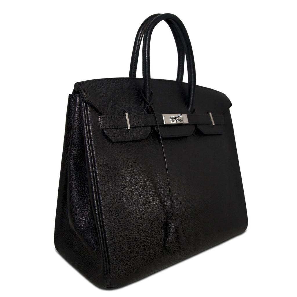 Hermès Birkin 35 Black Togo leather top handle bag with PHW hardware, showcasing its structured design and elegant craftsmanship.