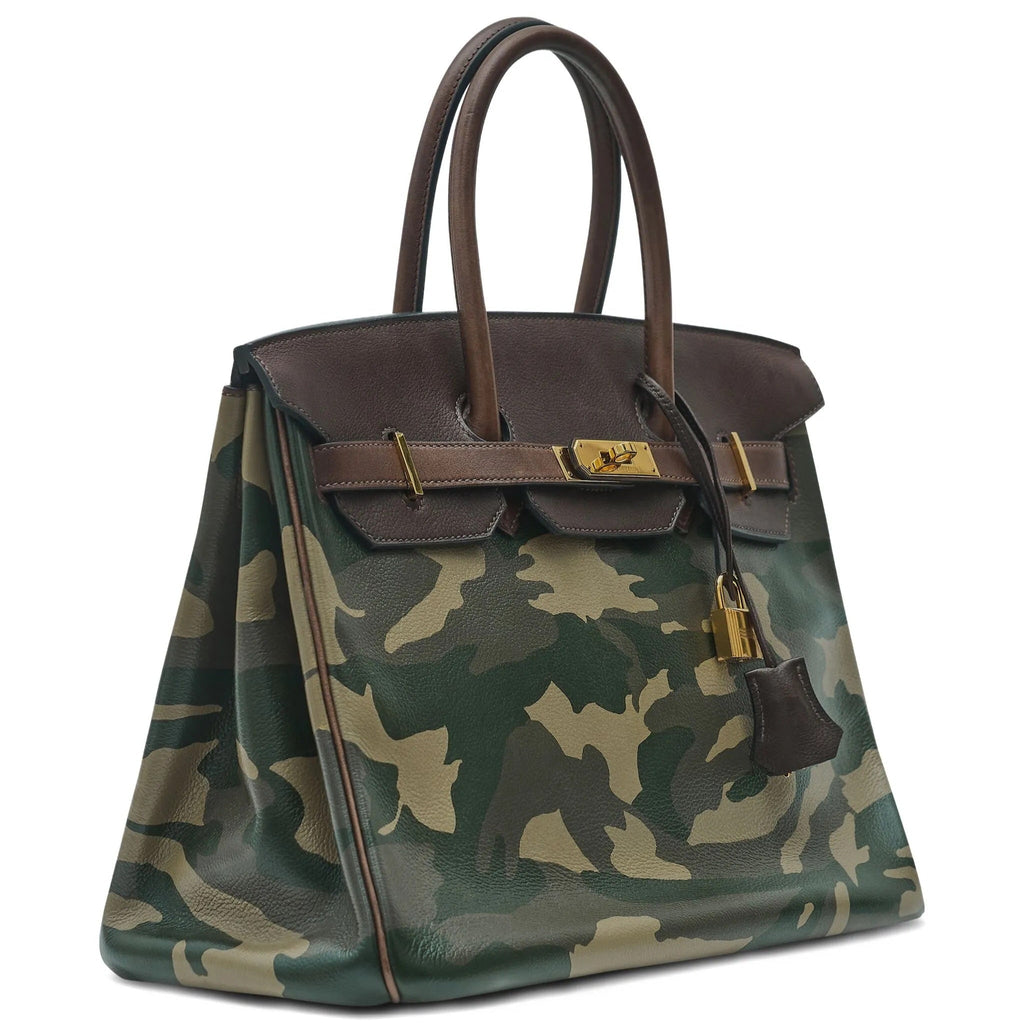Hermès Birkin 35 Customised Camouflage Ebene GHW top handle bag with gold hardware, featuring a textured camouflage pattern.
