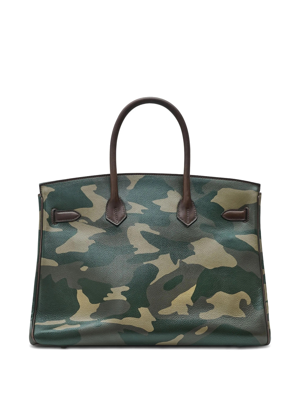 Hermès Birkin 35 Top Handle Bag in customized camouflage Ebene leather with gold hardware, showcasing its luxurious design and craftsmanship.