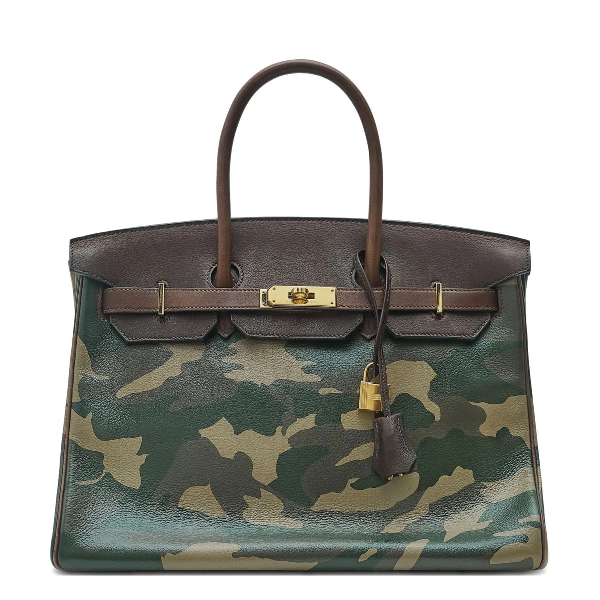 Hermès Birkin 35 Top Handle Bag in customized camouflage Ebene with gold hardware, showcasing its luxurious leather texture and design.