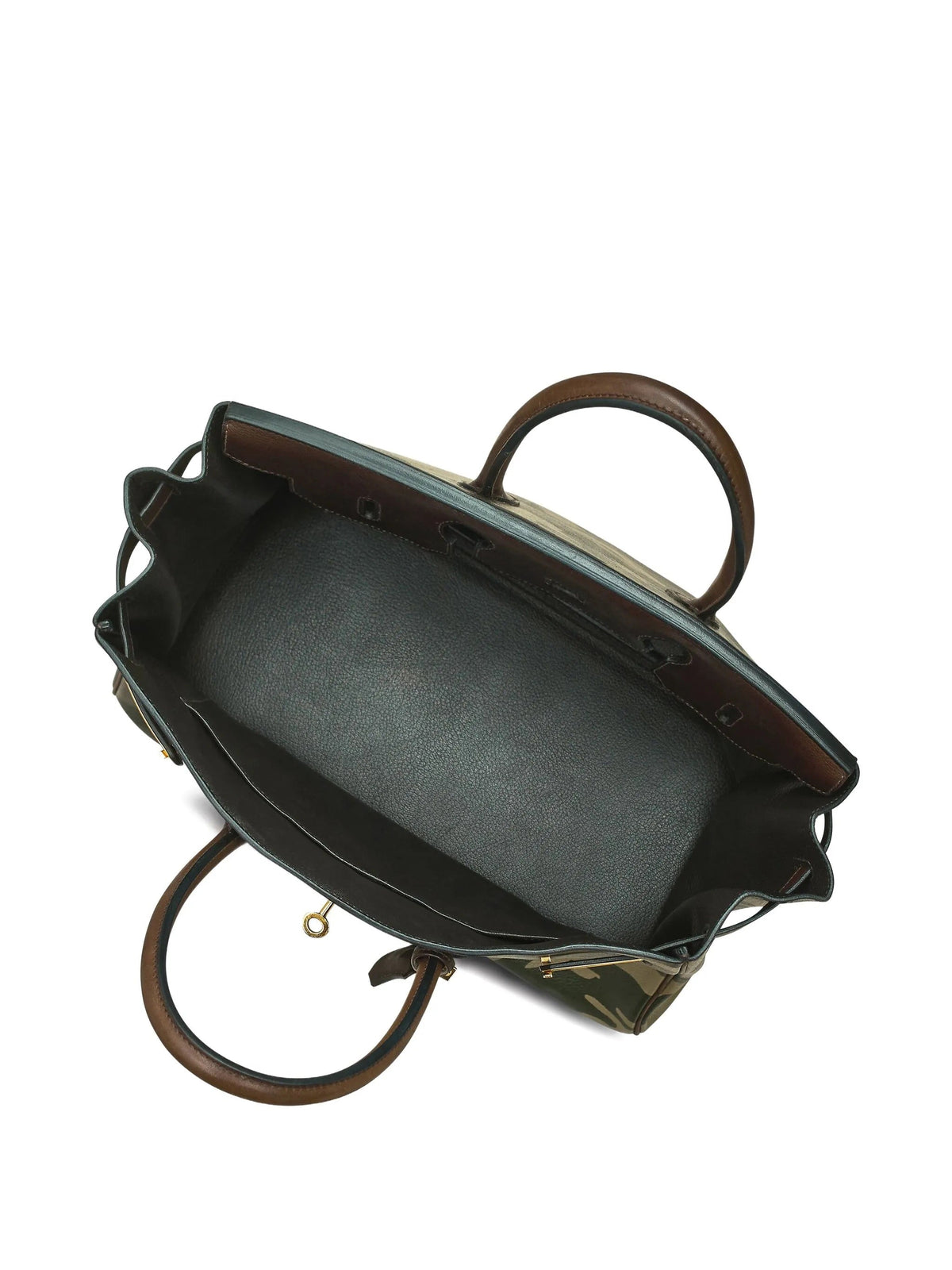 Hermès Birkin 35 Top Handle Bag in customised camouflage Ebene leather with gold hardware, showcasing its luxurious design.