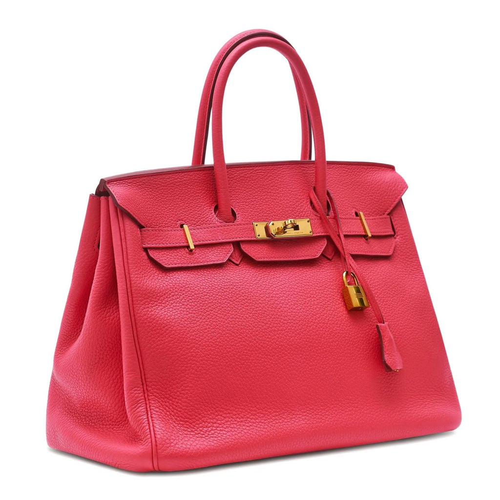 Hermès Birkin 35 Bougainvillea Clemence GHW top handle bag with gold hardware and textured leather finish.