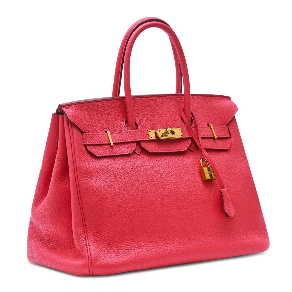 Hermès Birkin 35 Bougainvillea Clemence GHW top handle bag with gold hardware and textured leather finish.