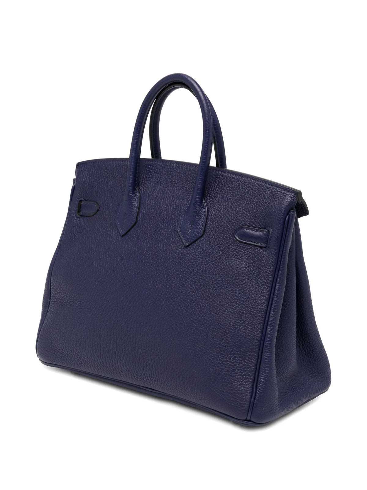 Hermès Birkin 25 Retourne Blue Sapphire Togo leather top handle bag with gold hardware, detailed close-up of texture and craftsmanship.