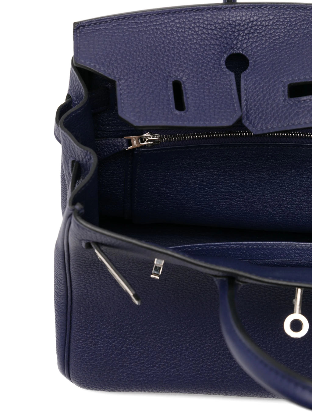 Hermès Birkin 25 Retourne Top Handle Bag in Blue Sapphire Togo leather with palladium hardware, showcasing elegant craftsmanship.